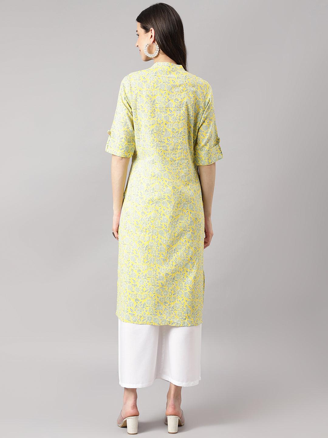 Divena mustard and Gray Cotton Katha work Straight Kurta - divena world