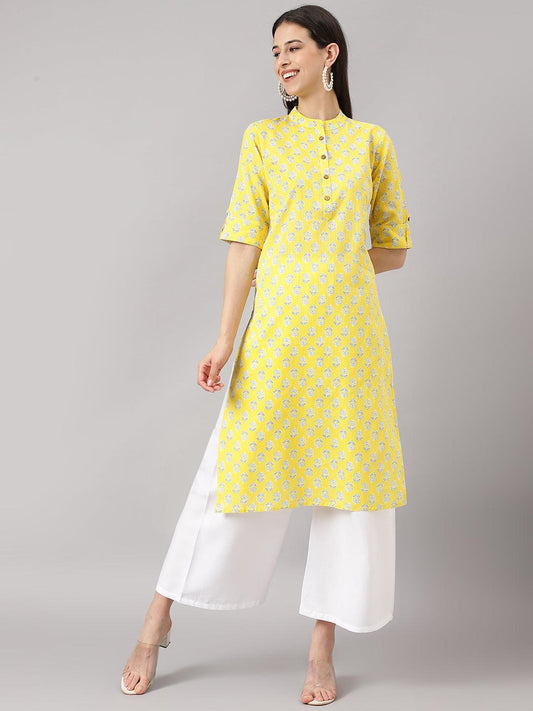 Divena Yellow Cotton Katha work Straight Kurta - divena world