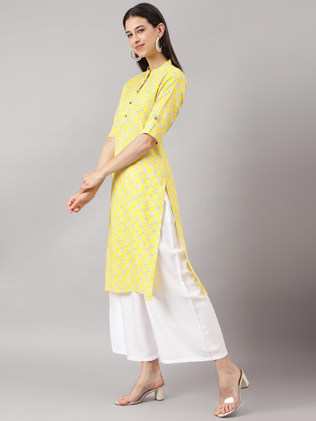 Divena Yellow Cotton Katha work Straight Kurta - divena world