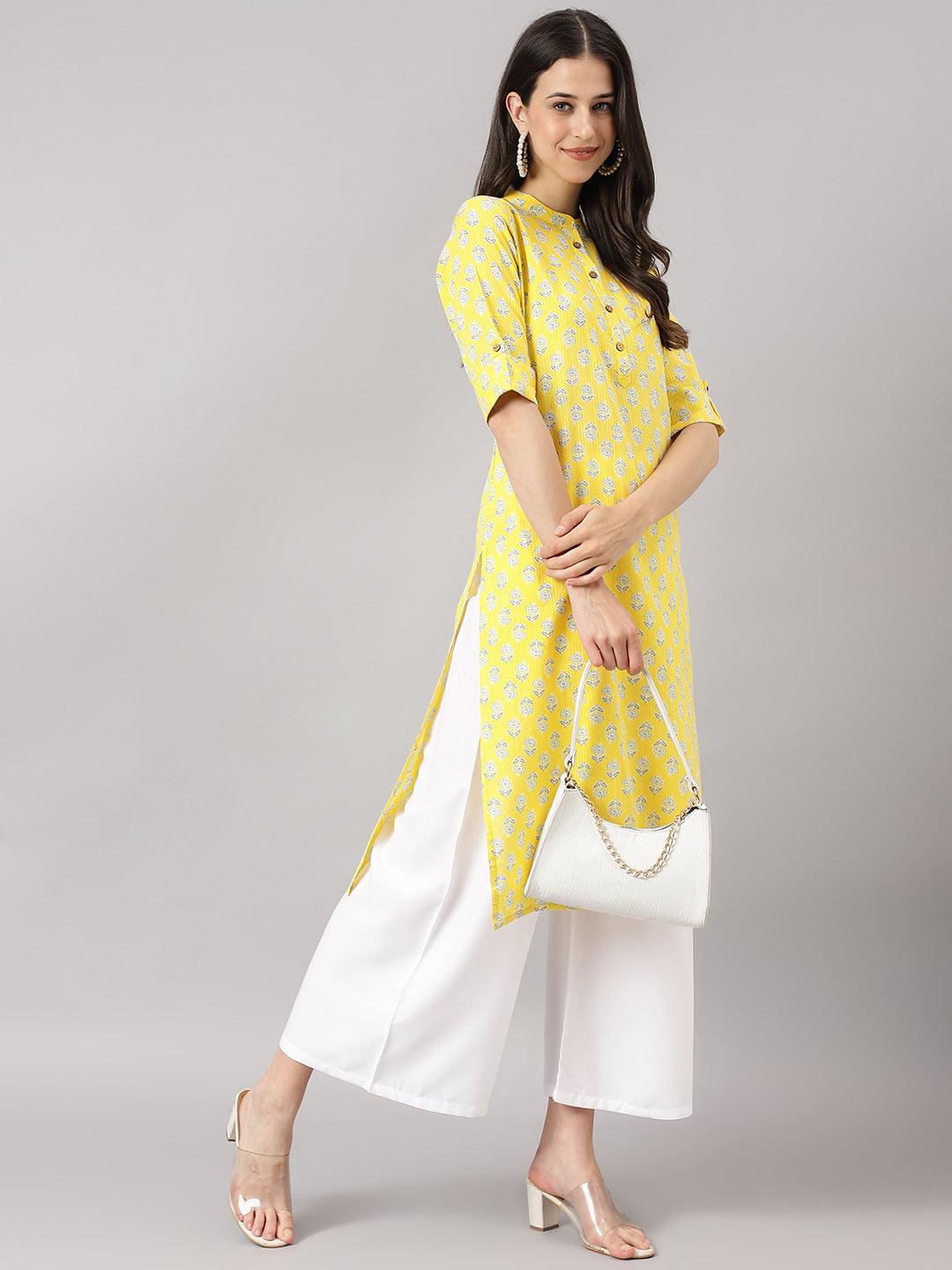 Divena Yellow Cotton Katha work Straight Kurta - divena world