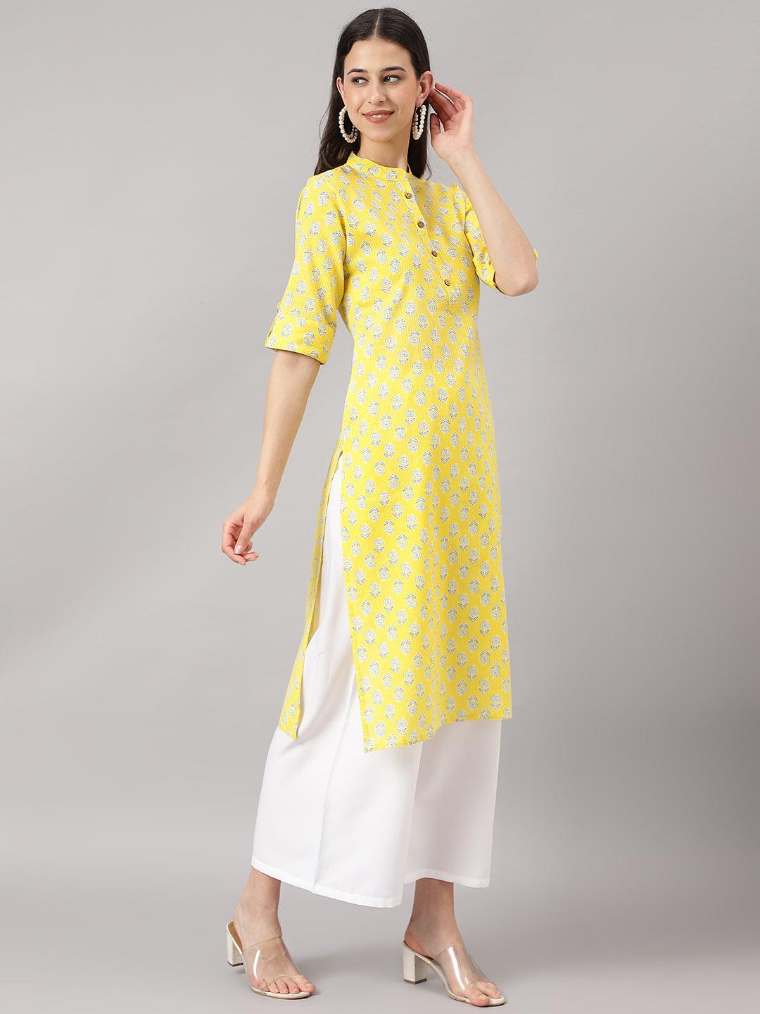 Divena Yellow Cotton Katha work Straight Kurta - divena world