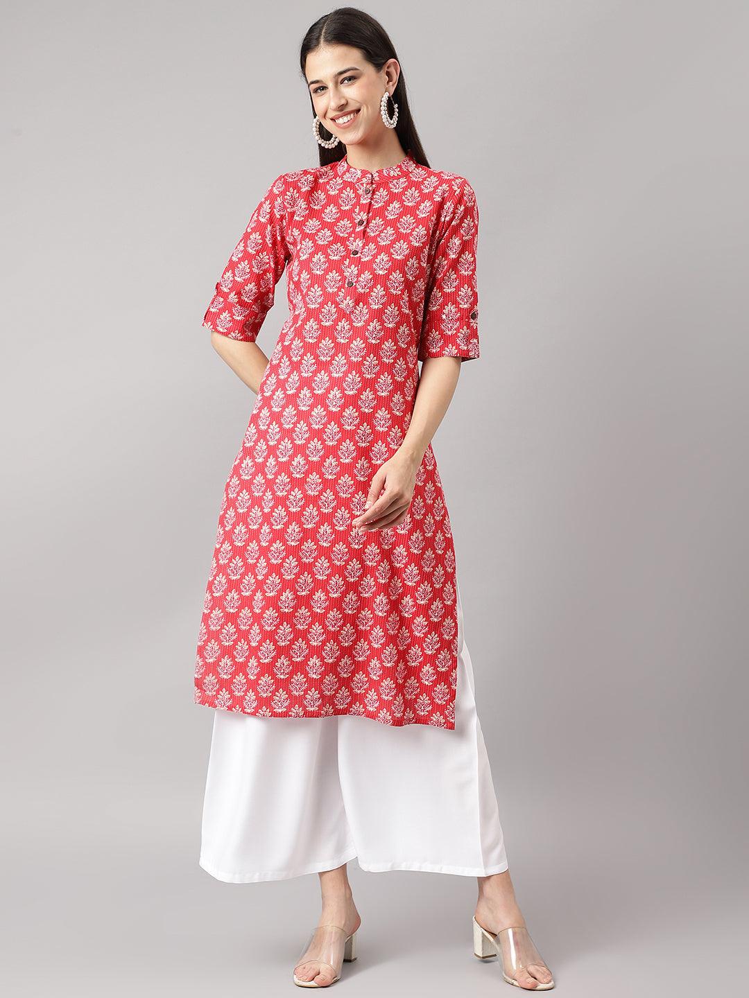 Divena Red Cotton Katha work Straight Kurta - divena world