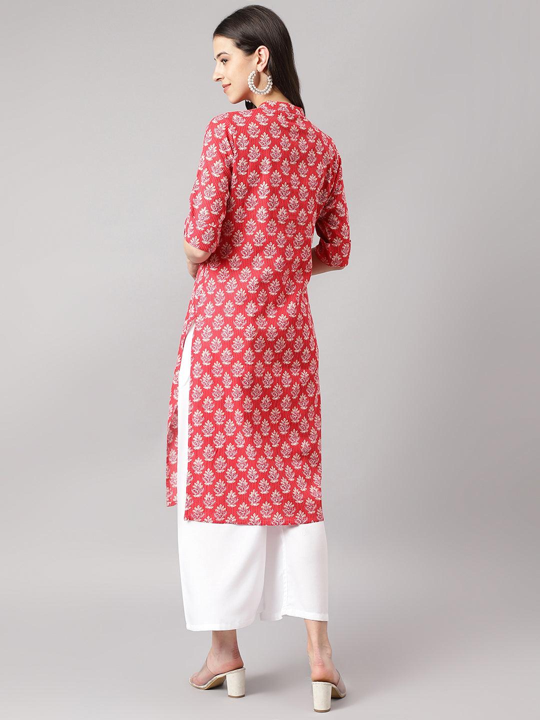 Divena Red Cotton Katha work Straight Kurta - divena world