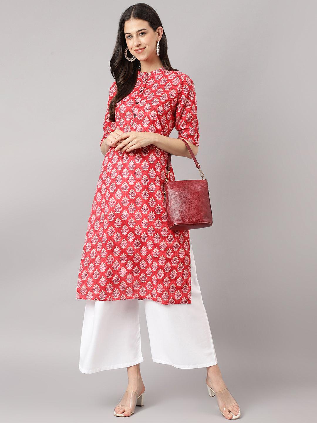 Divena Red Cotton Katha work Straight Kurta - divena world