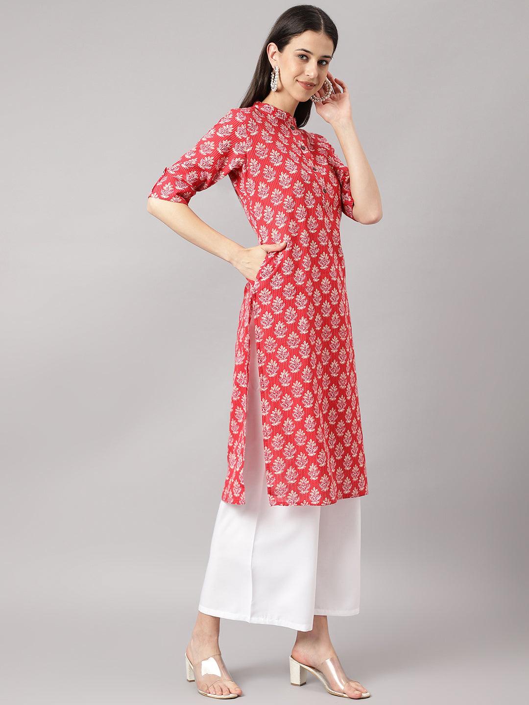 Divena Red Cotton Katha work Straight Kurta - divena world