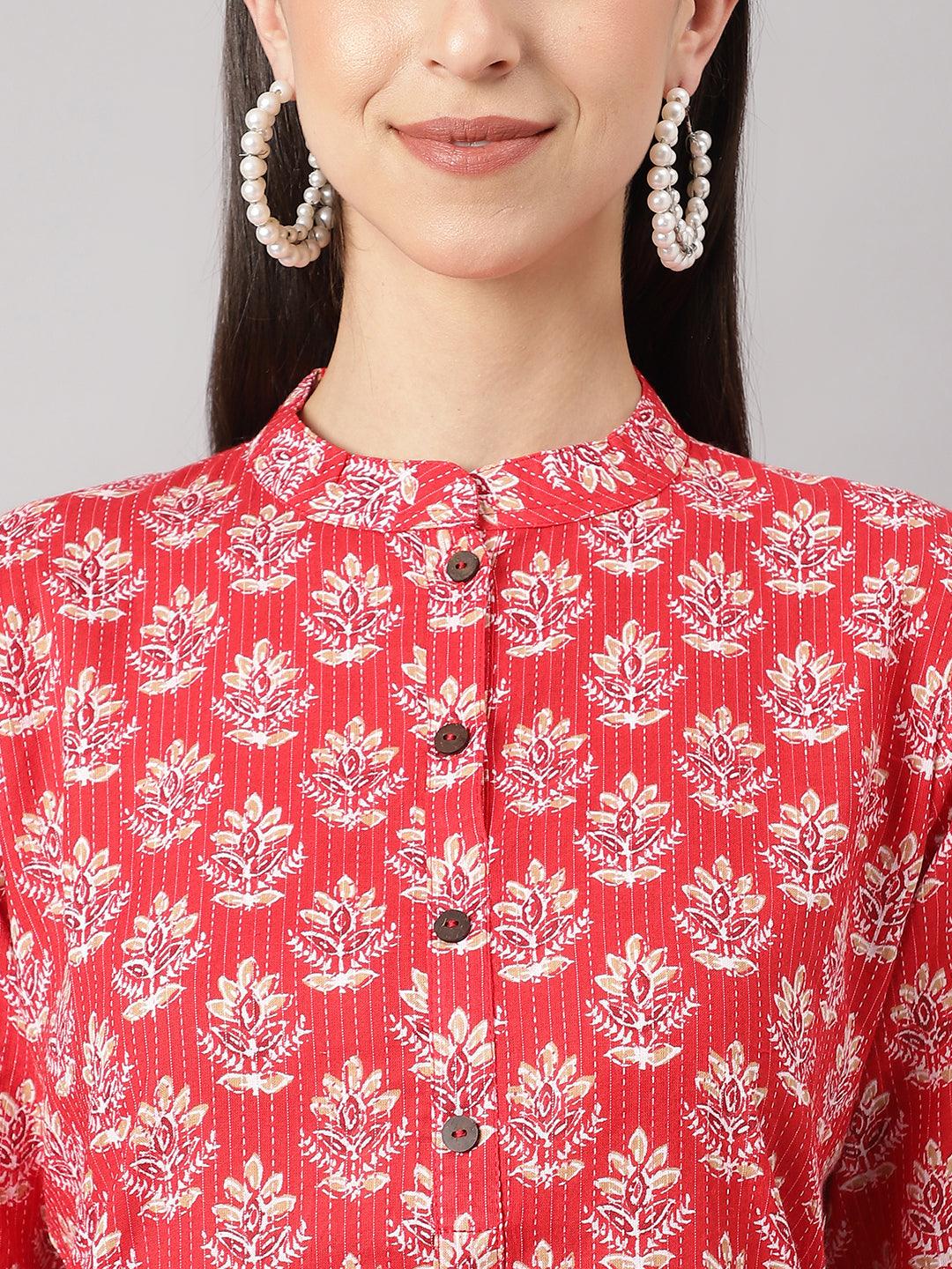 Divena Red Cotton Katha work Straight Kurta - divena world