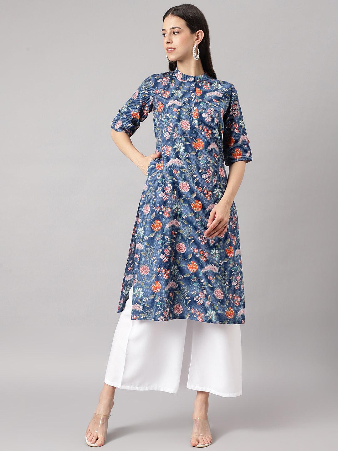 Divena Blue and Orange Cotton Katha work Straight Kurta - divena world