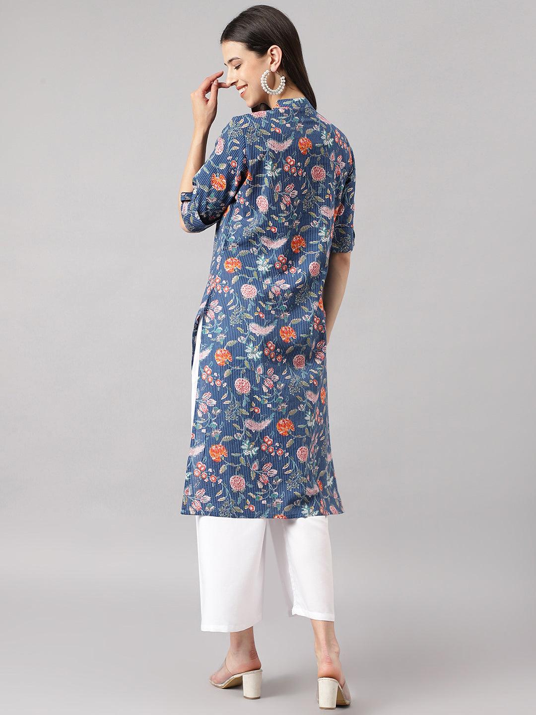 Divena Blue and Orange Cotton Katha work Straight Kurta - divena world