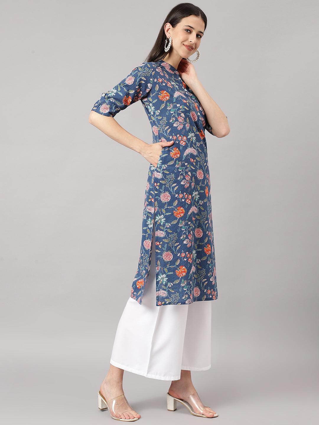 Divena Blue and Orange Cotton Katha work Straight Kurta - divena world