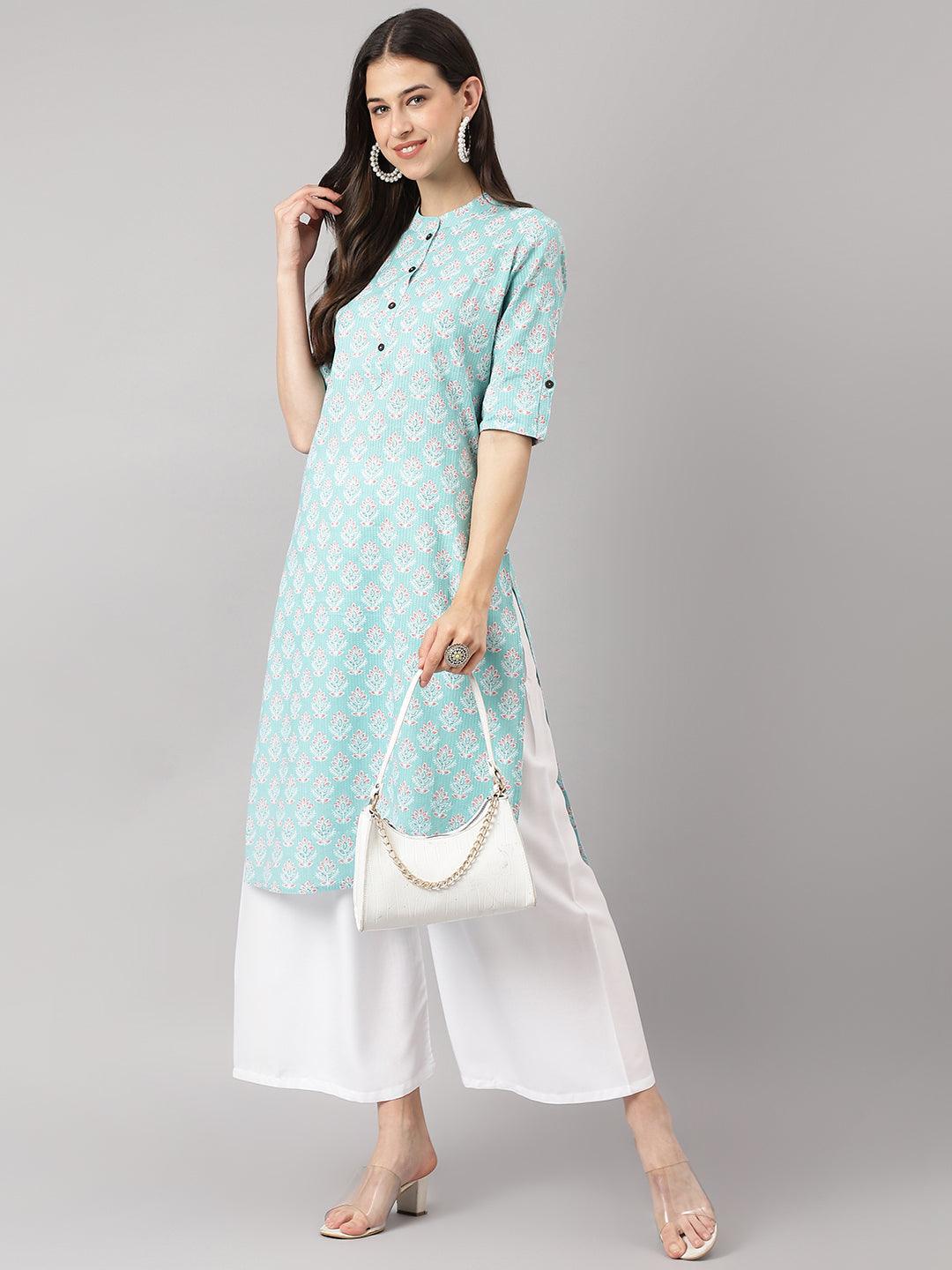 Divena Sea Green Cotton Katha work Straight Kurta - divena world