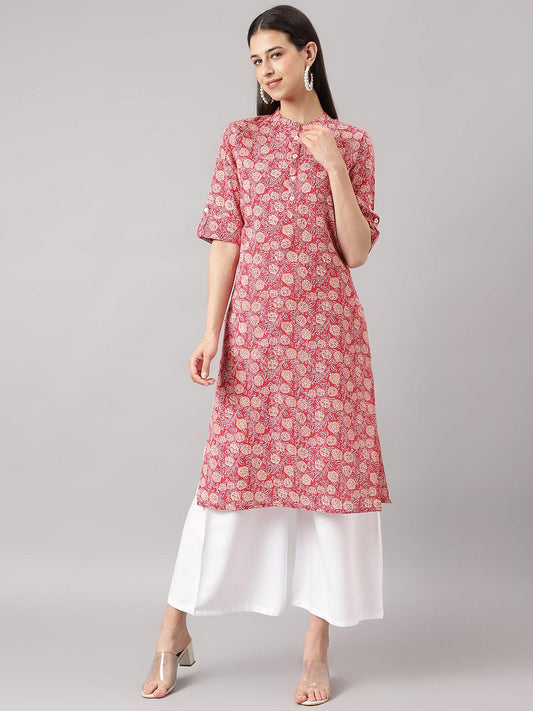 Divena Red and Beige Cotton Katha work Straight Kurta - divena world