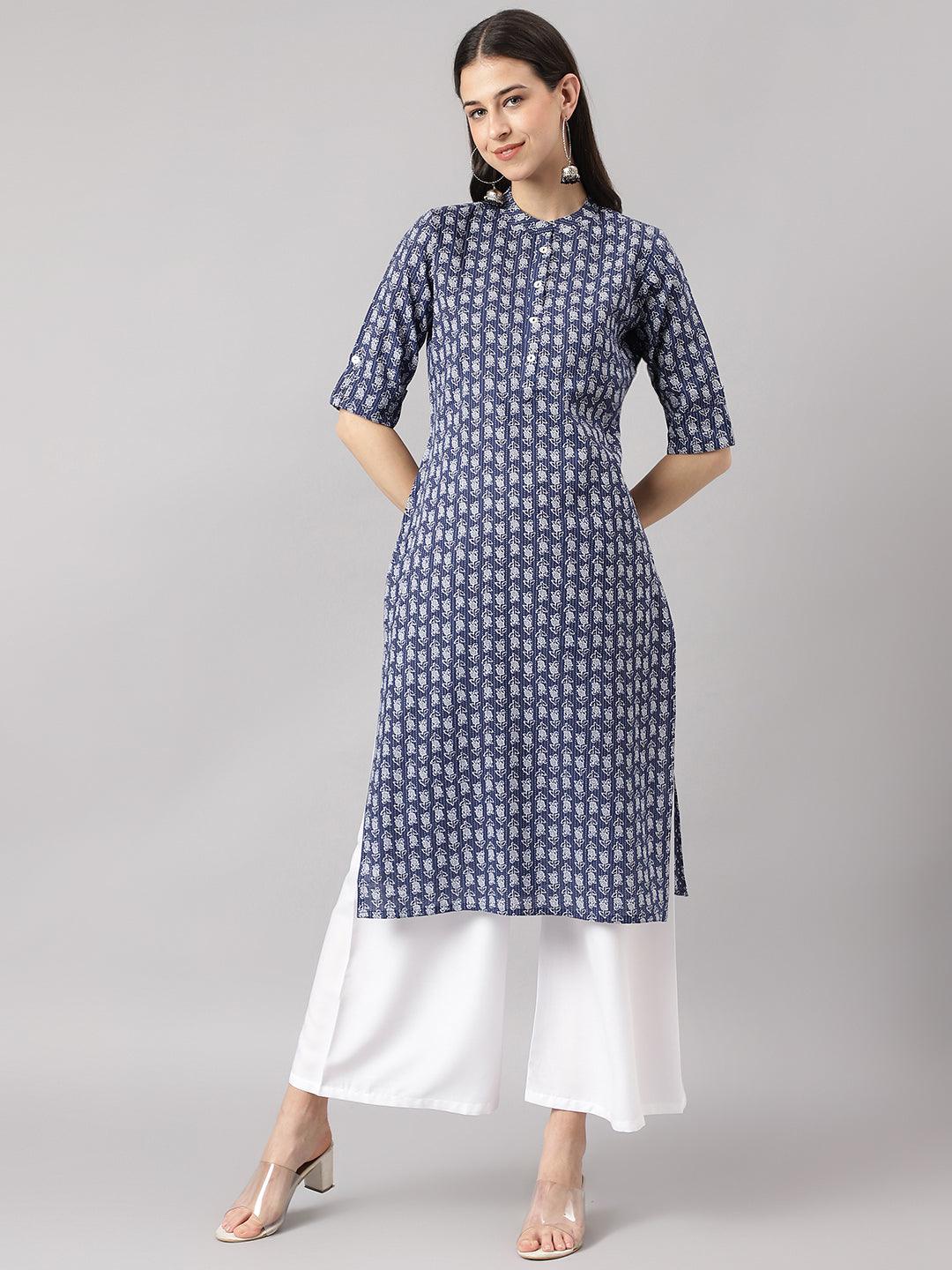 Divena Blue and Gray Cotton Katha work Straight Kurta - divena world