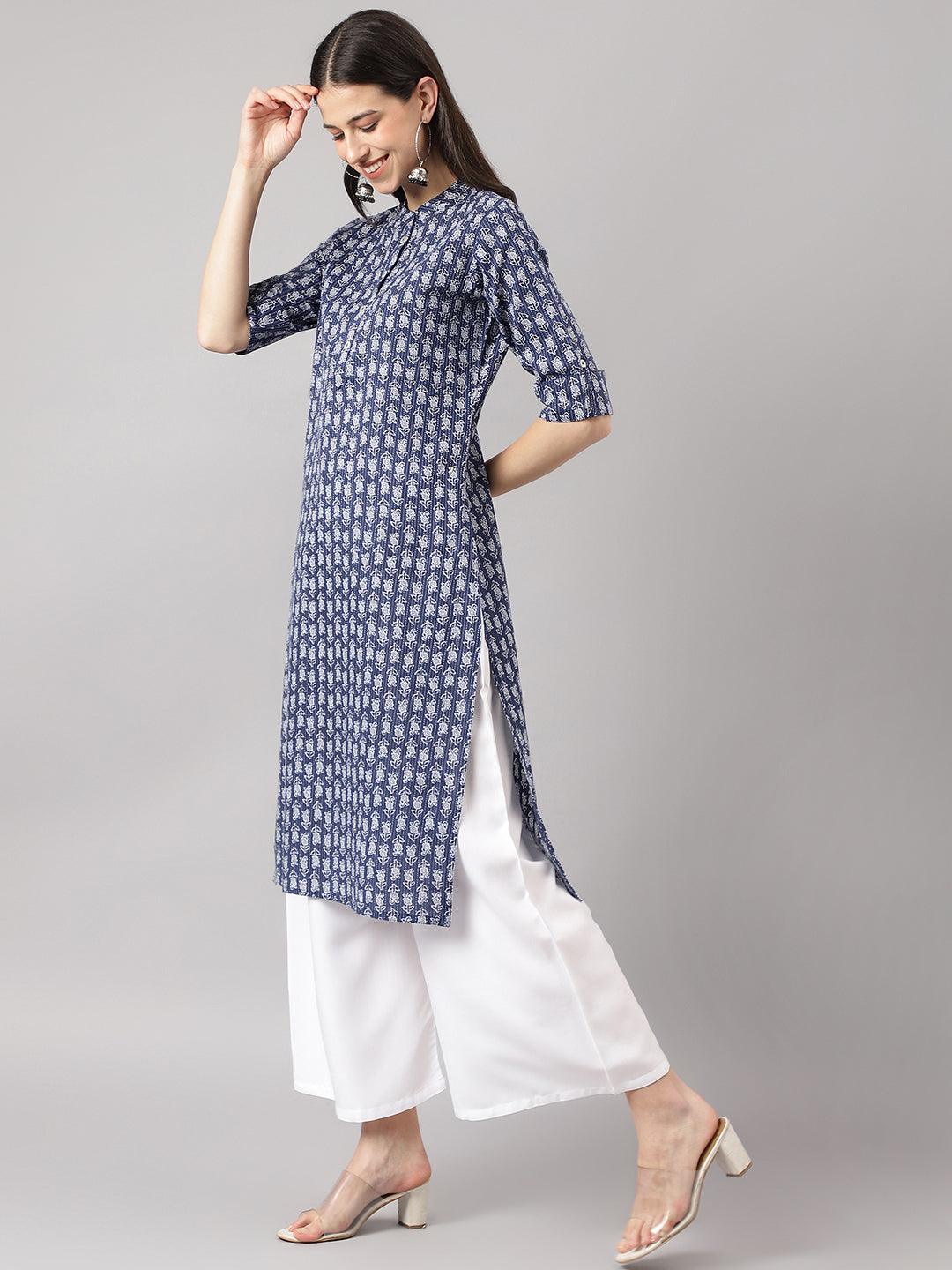 Divena Blue and Gray Cotton Katha work Straight Kurta - divena world