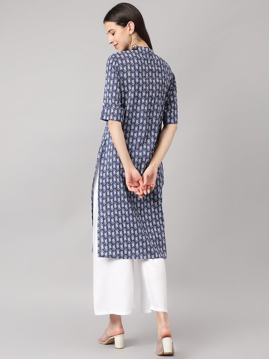 Divena Blue and Gray Cotton Katha work Straight Kurta - divena world