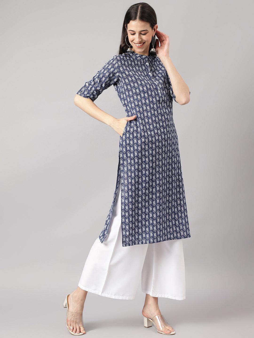 Divena Blue and Gray Cotton Katha work Straight Kurta - divena world