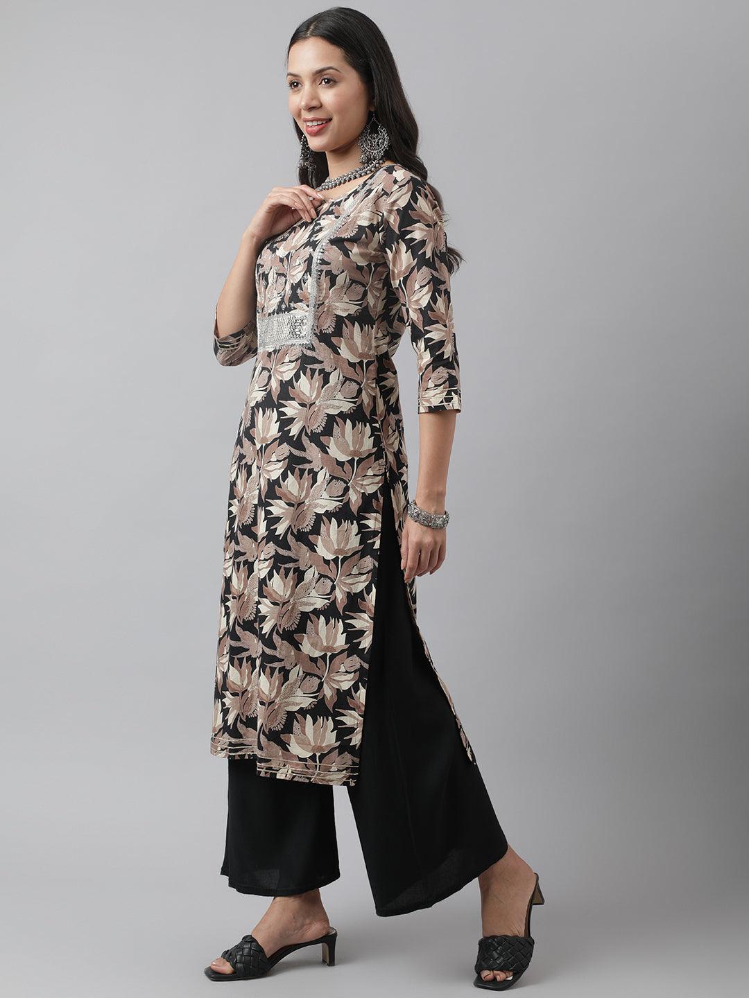 Divena Black Cotton Floral Straight Kurta - divena world