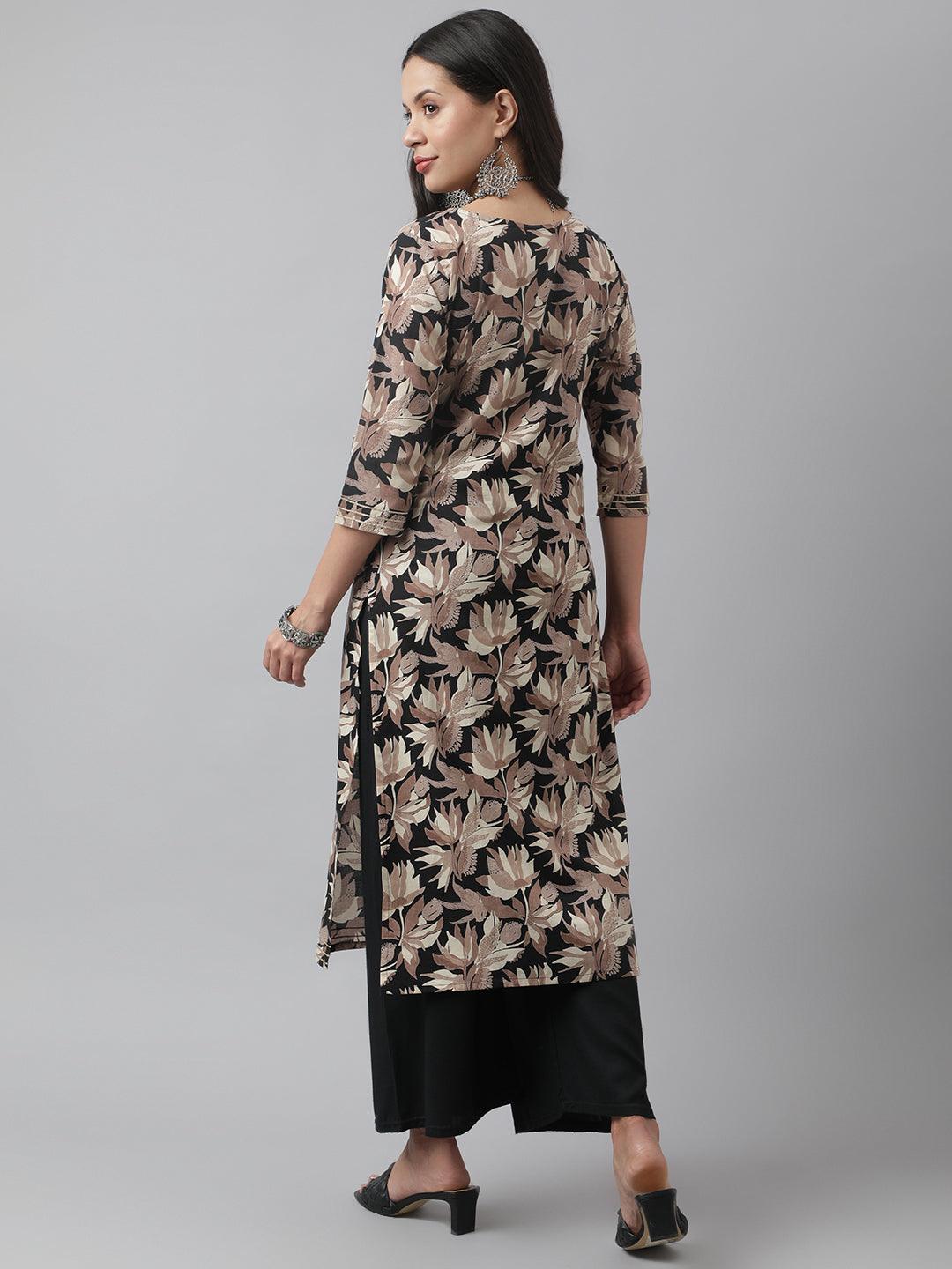 Divena Black Cotton Floral Straight Kurta - divena world