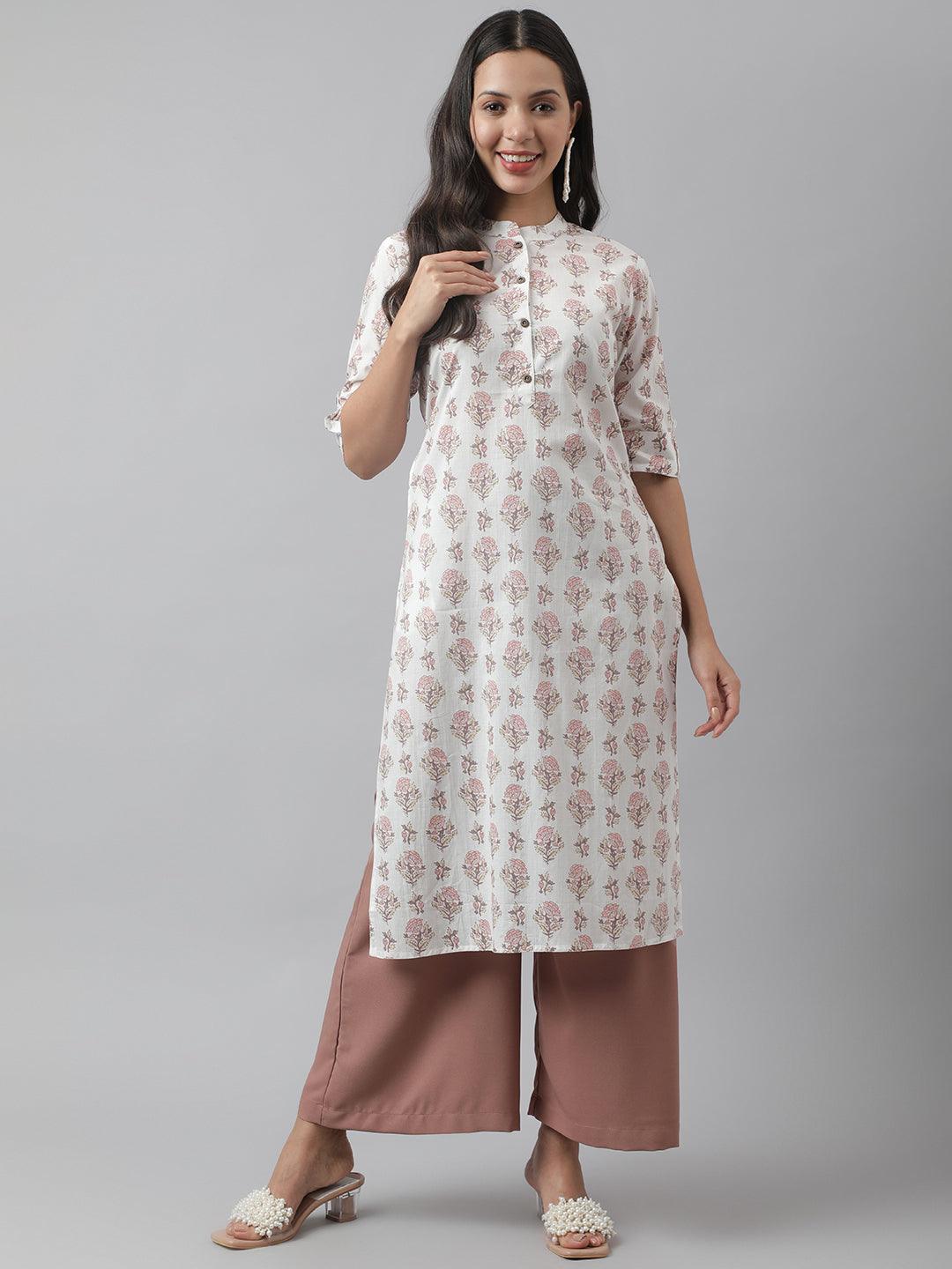 Divena White & Pink Floral Printed Straight Kurta - divena world