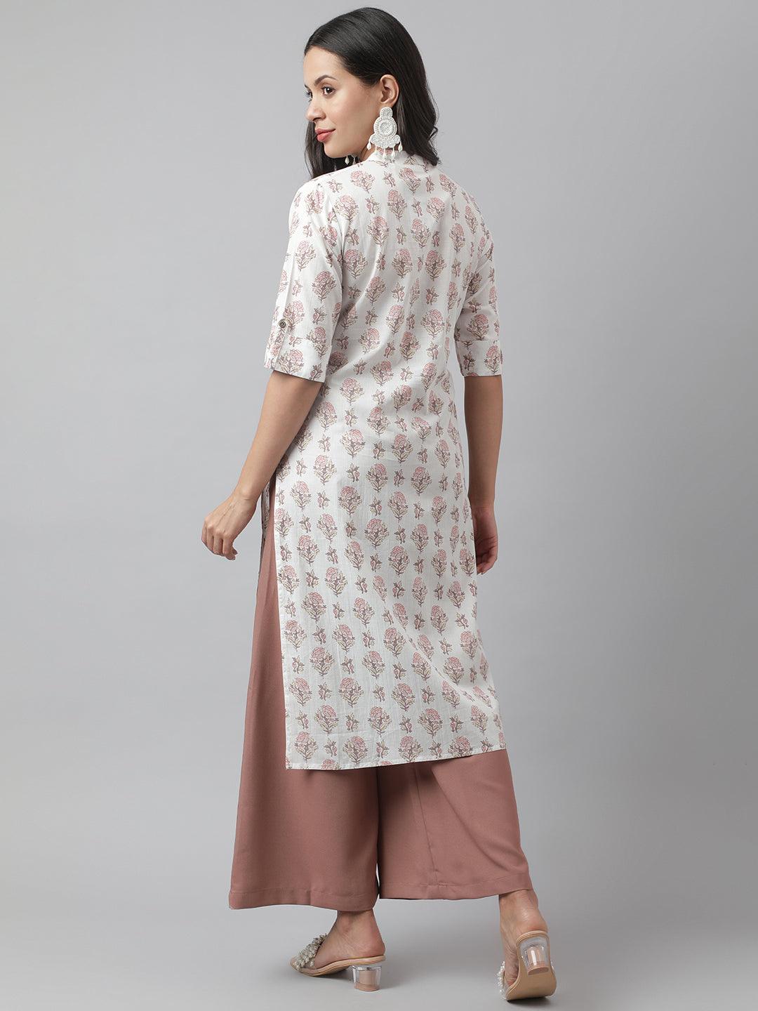 Divena White & Pink Floral Printed Straight Kurta - divena world