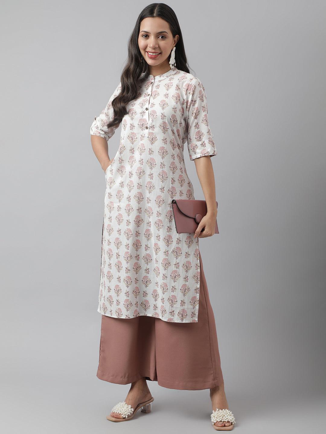 Divena White & Pink Floral Printed Straight Kurta - divena world