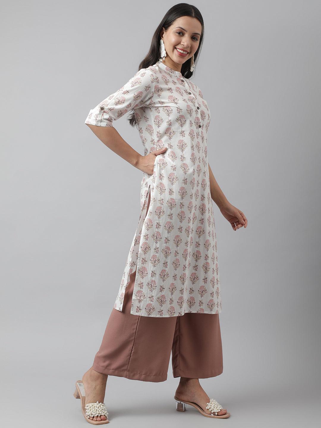 Divena White & Pink Floral Printed Straight Kurta - divena world