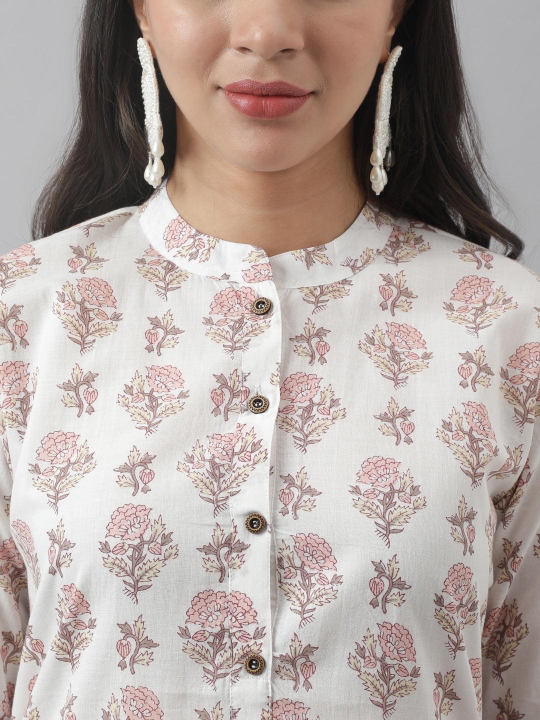 Divena White & Pink Floral Printed Straight Kurta - divena world