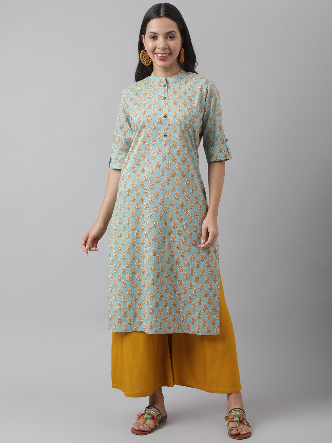 Divena Seagreen & Yellow Floral Printed Straight Kurta - divena world