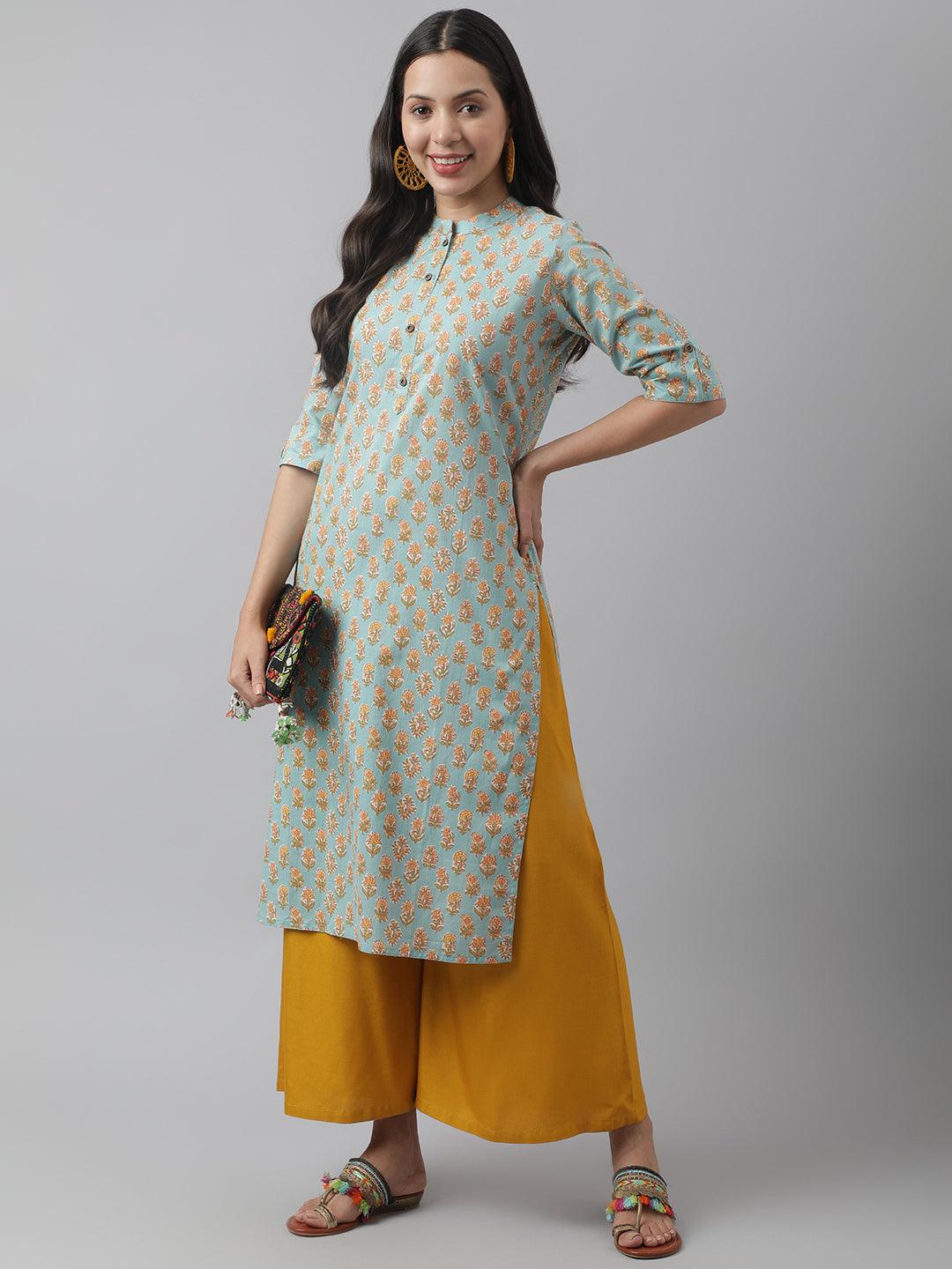 Divena Seagreen & Yellow Floral Printed Straight Kurta - divena world