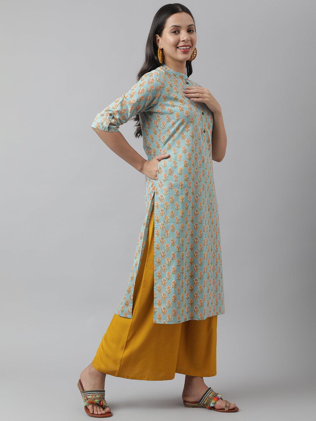 Divena Seagreen & Yellow Floral Printed Straight Kurta - divena world