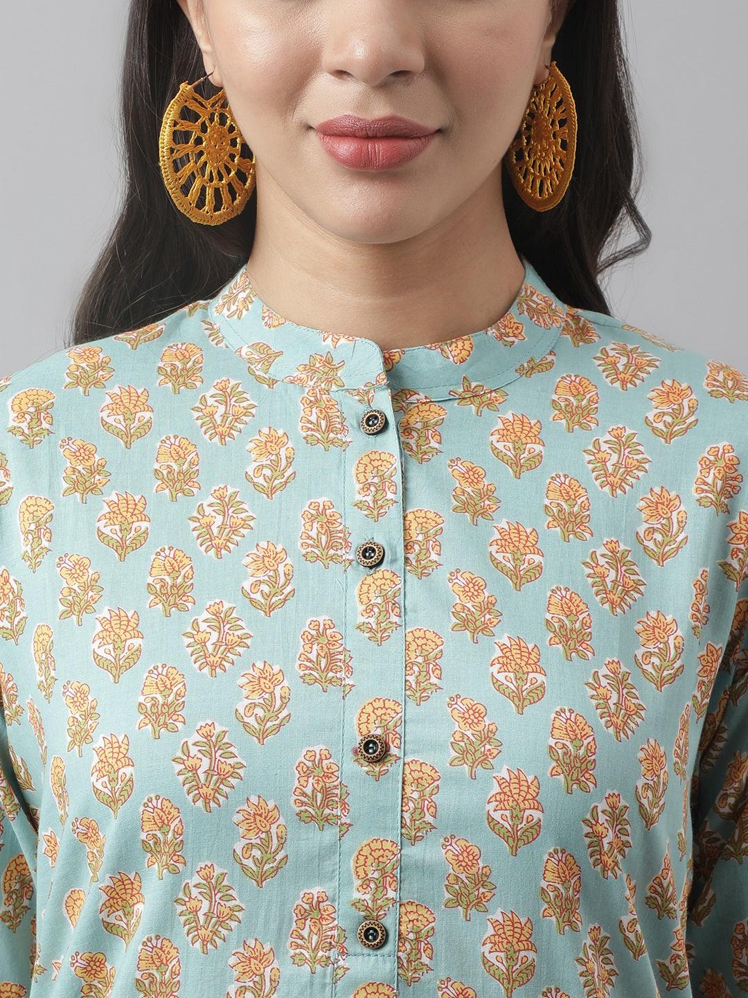 Divena Seagreen & Yellow Floral Printed Straight Kurta - divena world