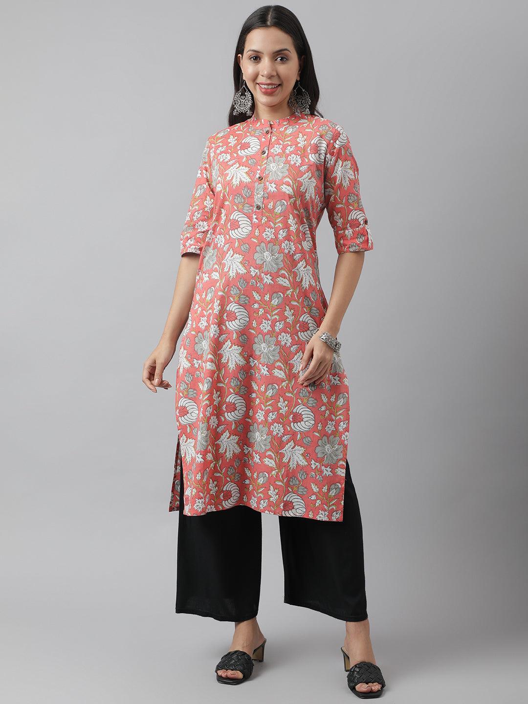 Divena Pink & Multi Floral Printed Straight Kurta - divena world