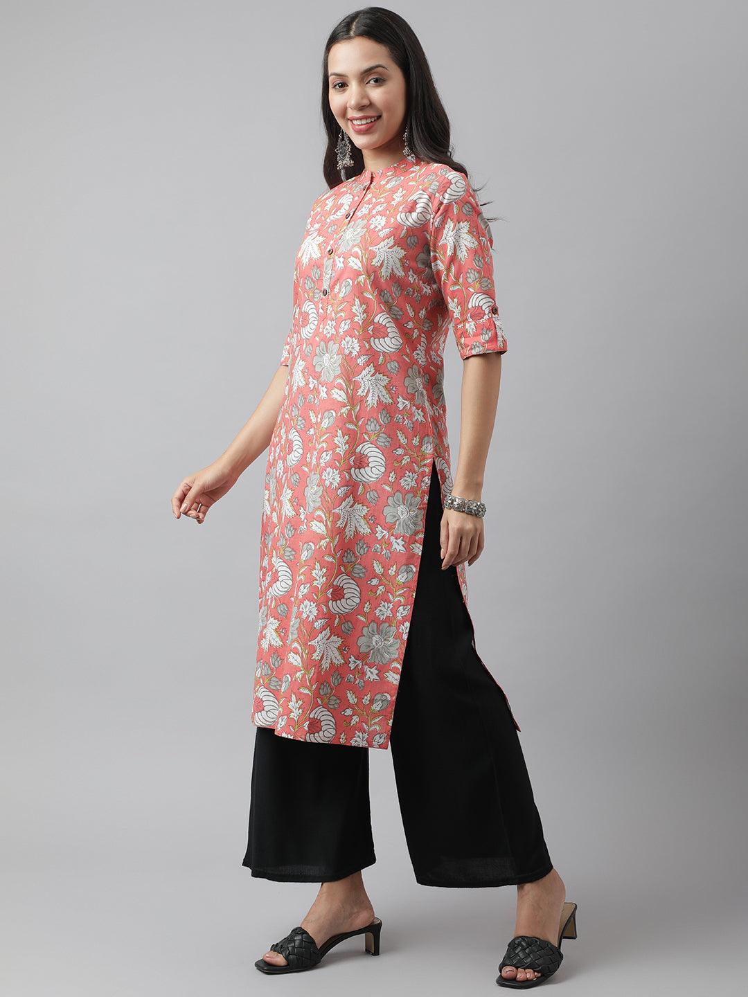 Divena Pink & Multi Floral Printed Straight Kurta - divena world