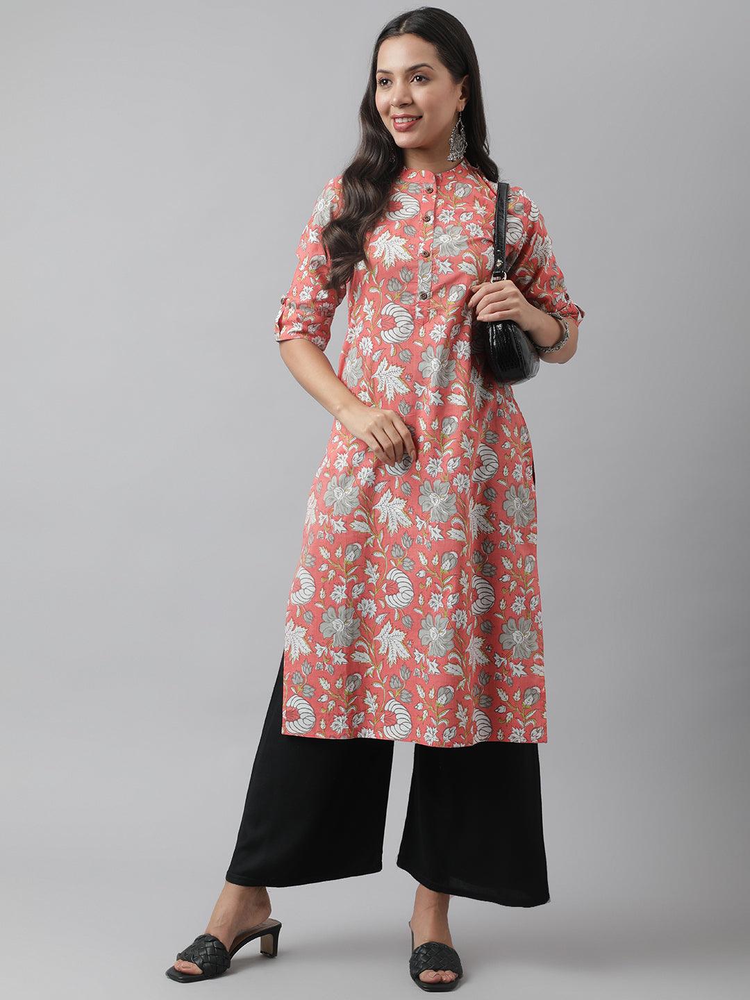 Divena Pink & Multi Floral Printed Straight Kurta - divena world