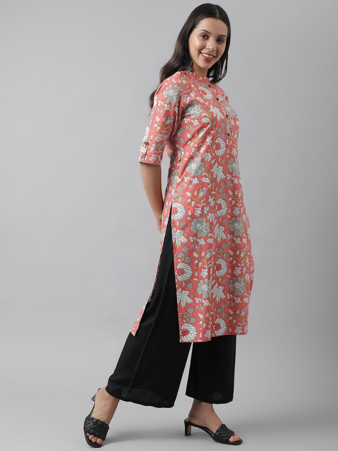 Divena Pink & Multi Floral Printed Straight Kurta - divena world