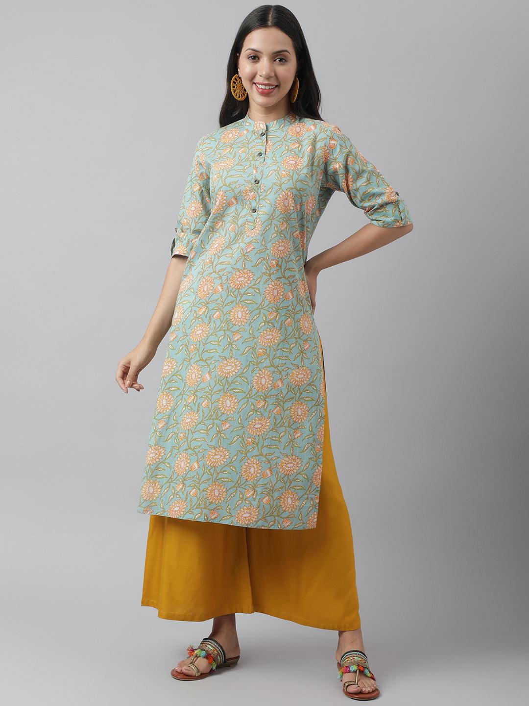 Divena Sea Green Floral Printed Straight Kurta - divena world