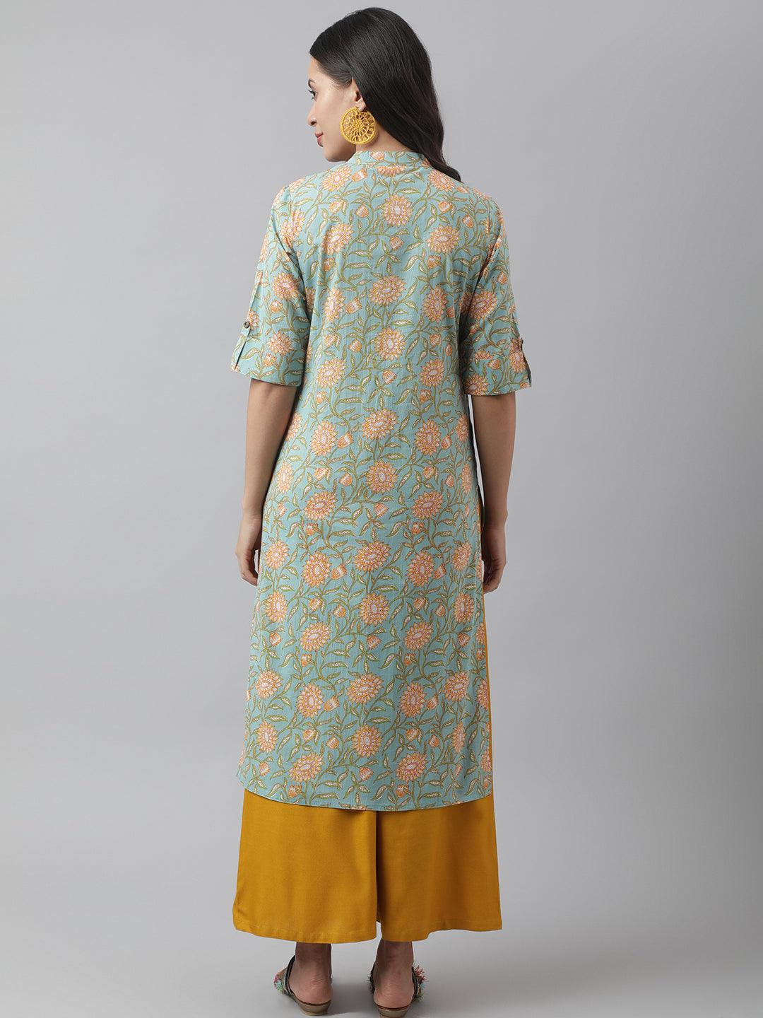 Divena Sea Green Floral Printed Straight Kurta - divena world