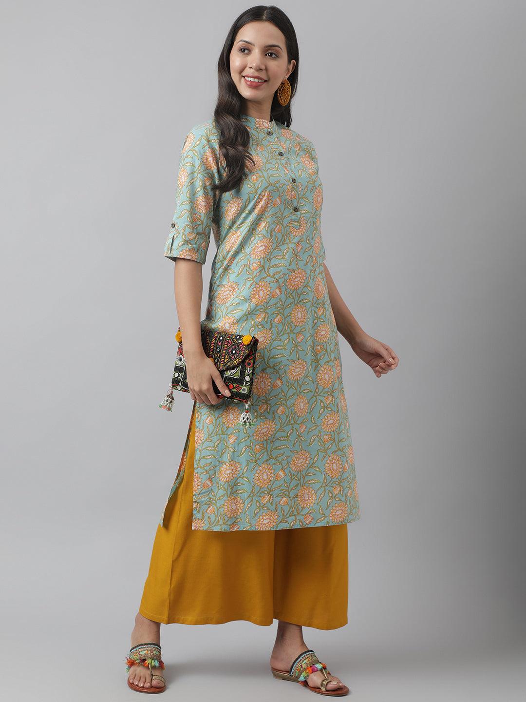 Divena Sea Green Floral Printed Straight Kurta - divena world