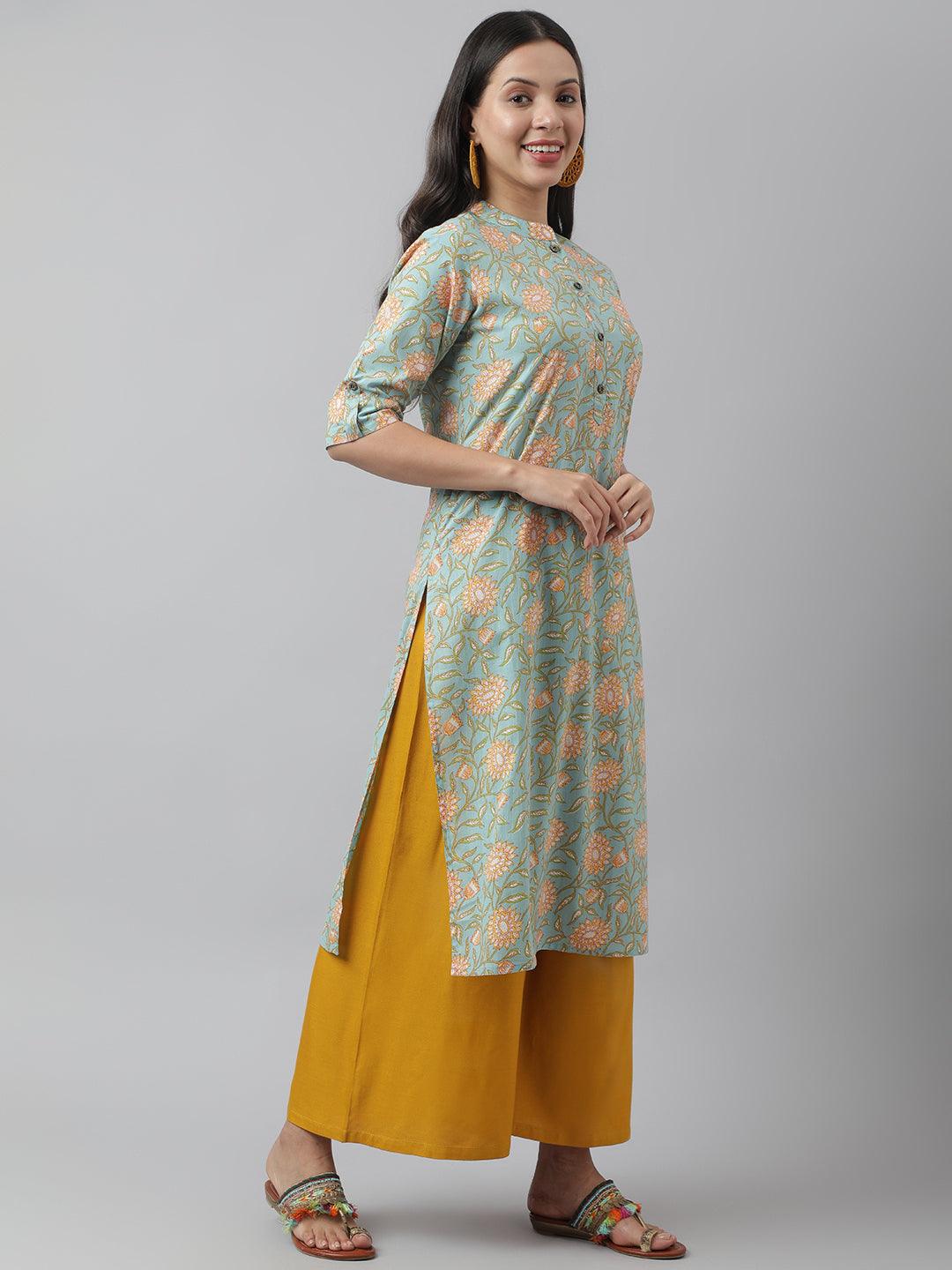 Divena Sea Green Floral Printed Straight Kurta - divena world