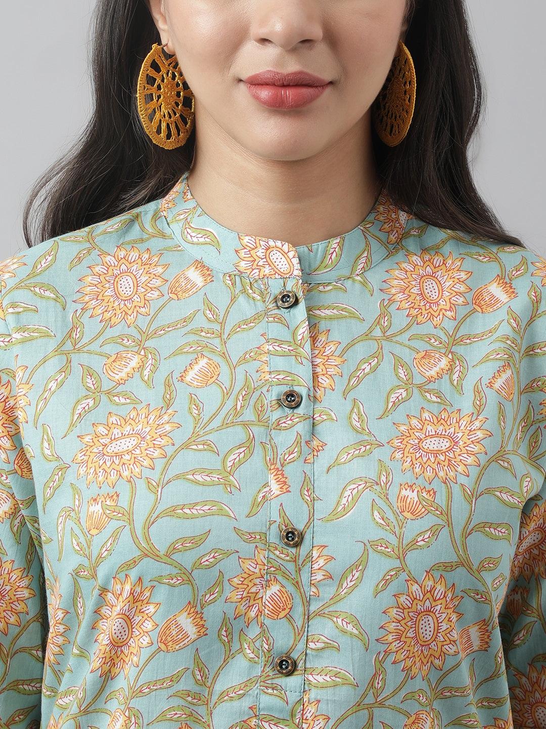 Divena Sea Green Floral Printed Straight Kurta - divena world