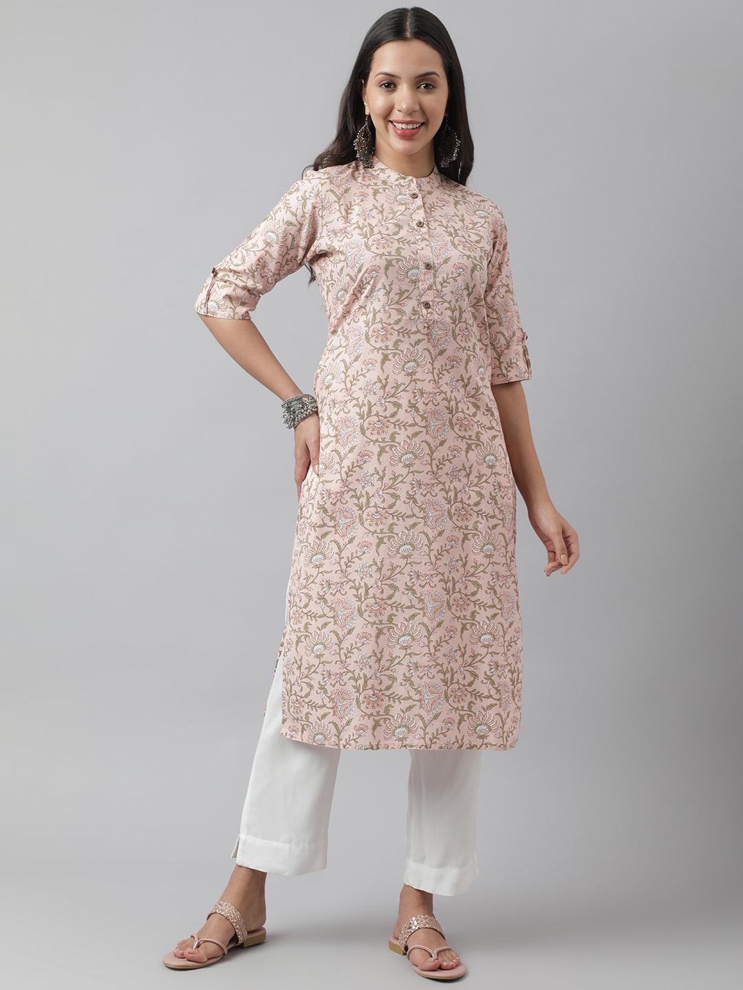 Divena Baby Pink Floral Printed Straight Kurta - divena world