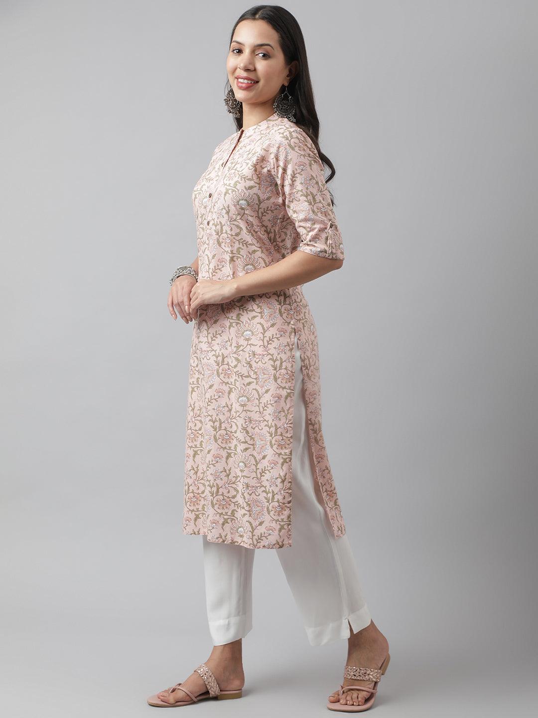 Divena Baby Pink Floral Printed Straight Kurta - divena world