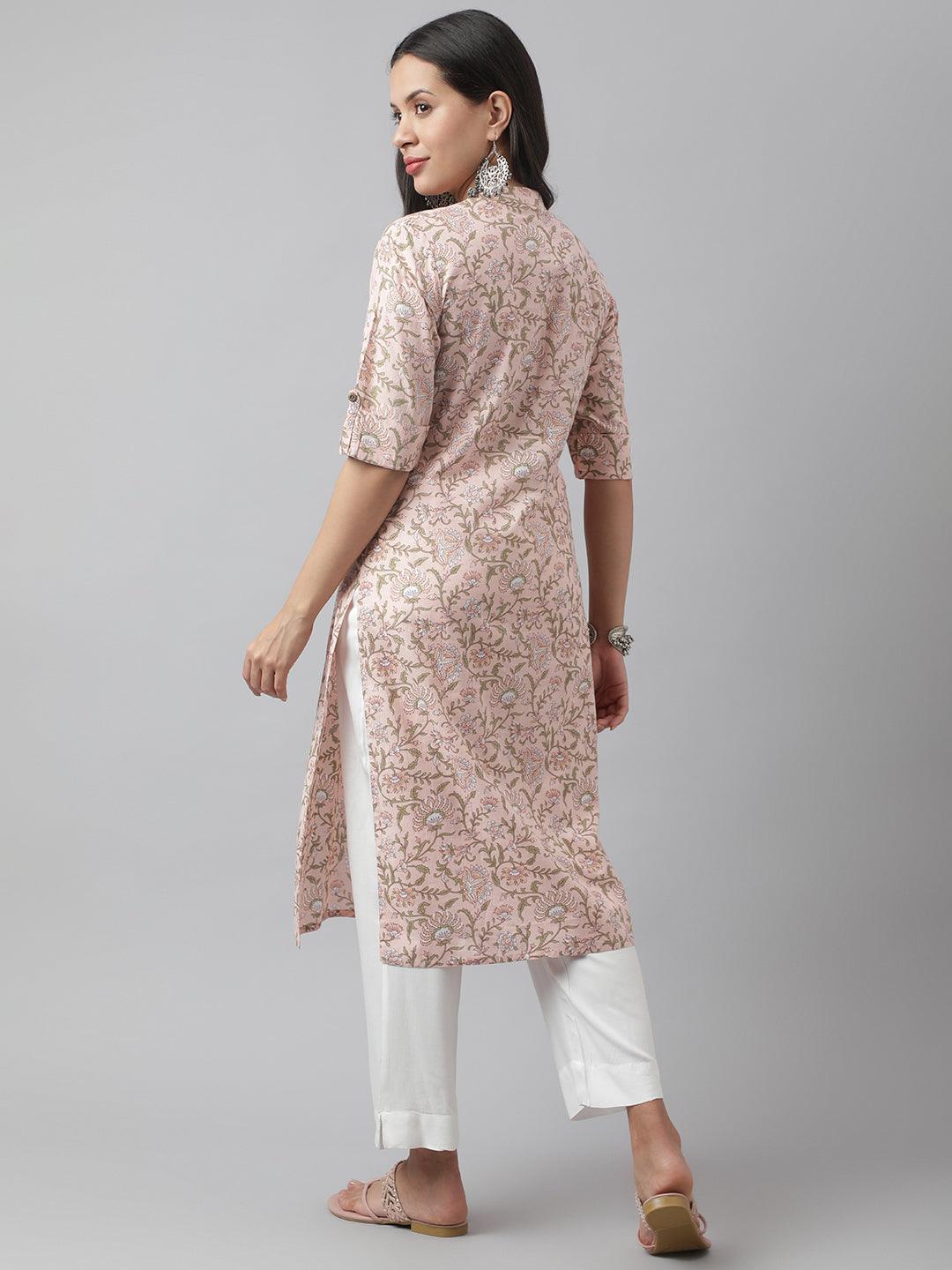 Divena Baby Pink Floral Printed Straight Kurta - divena world