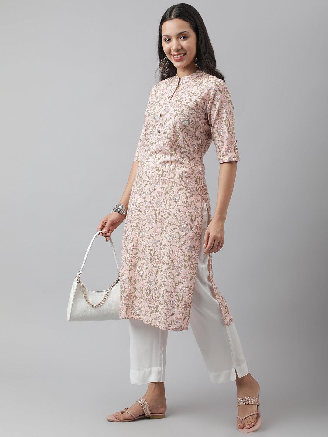 Divena Baby Pink Floral Printed Straight Kurta - divena world