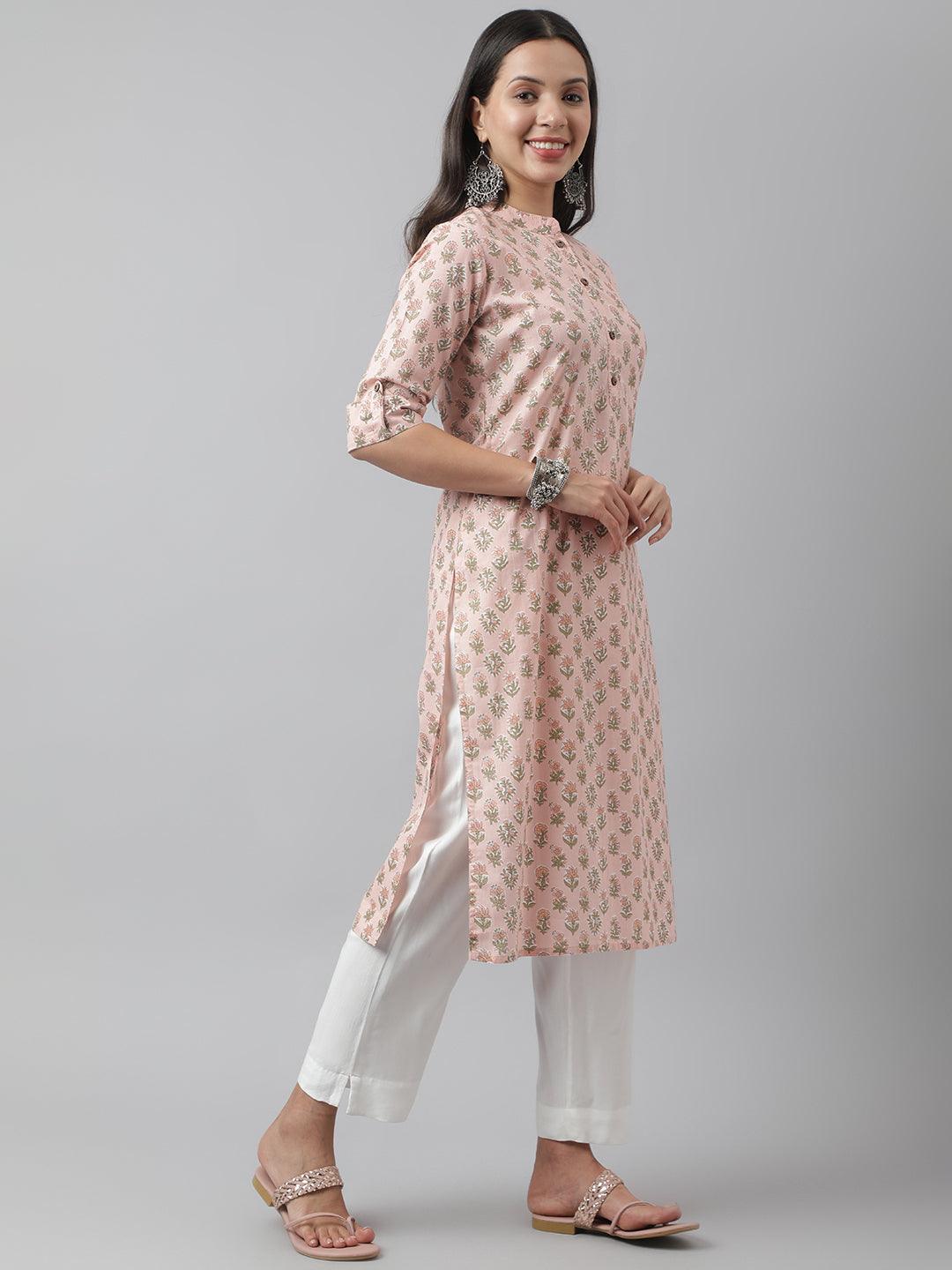 Divena Soft Pink Floral Printed Straight Kurta - divena world