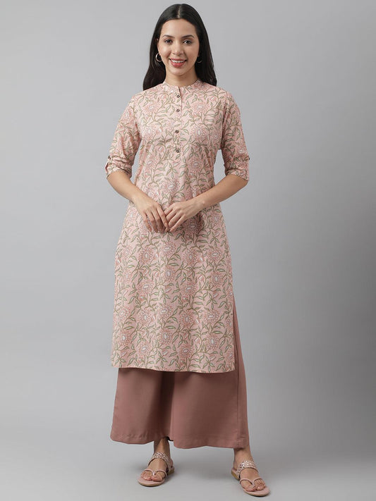 Divena Baby Pink & Green Floral Printed Straight Kurta - divena world