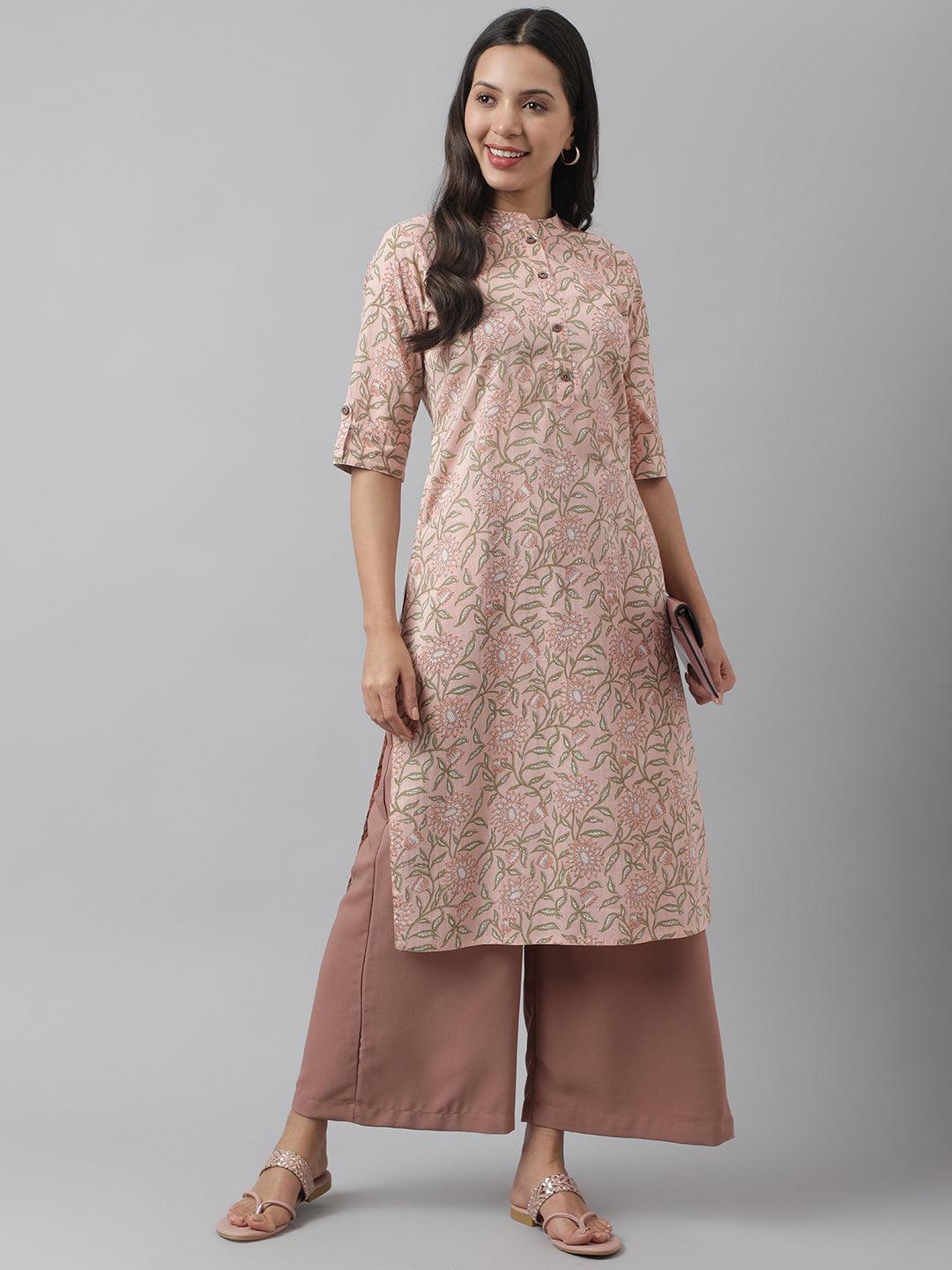 Divena Baby Pink & Green Floral Printed Straight Kurta - divena world