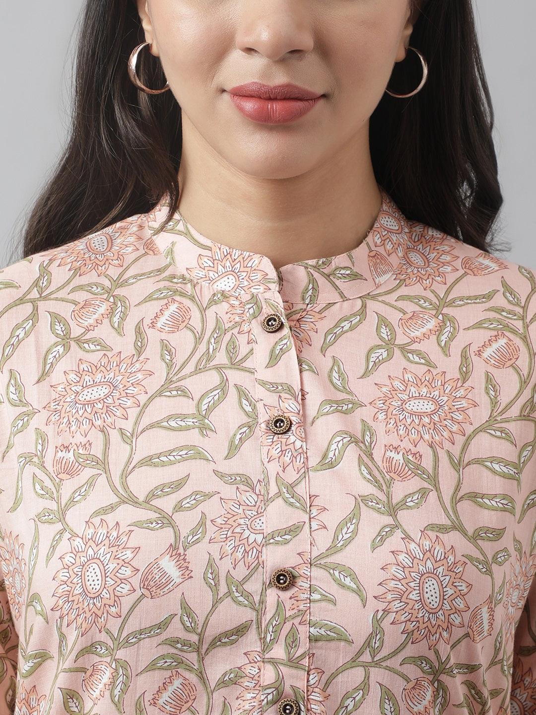 Divena Baby Pink & Green Floral Printed Straight Kurta - divena world