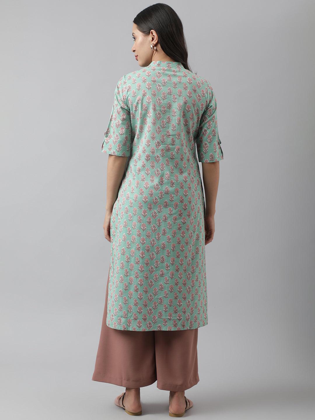 Divena Green Floral Printed Straight Kurta - divena world