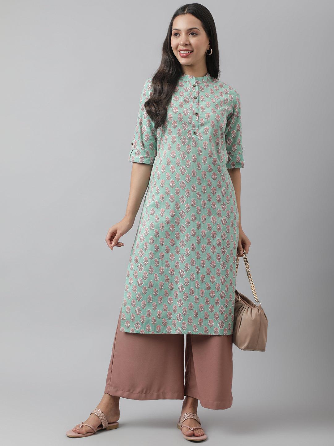 Divena Green Floral Printed Straight Kurta - divena world