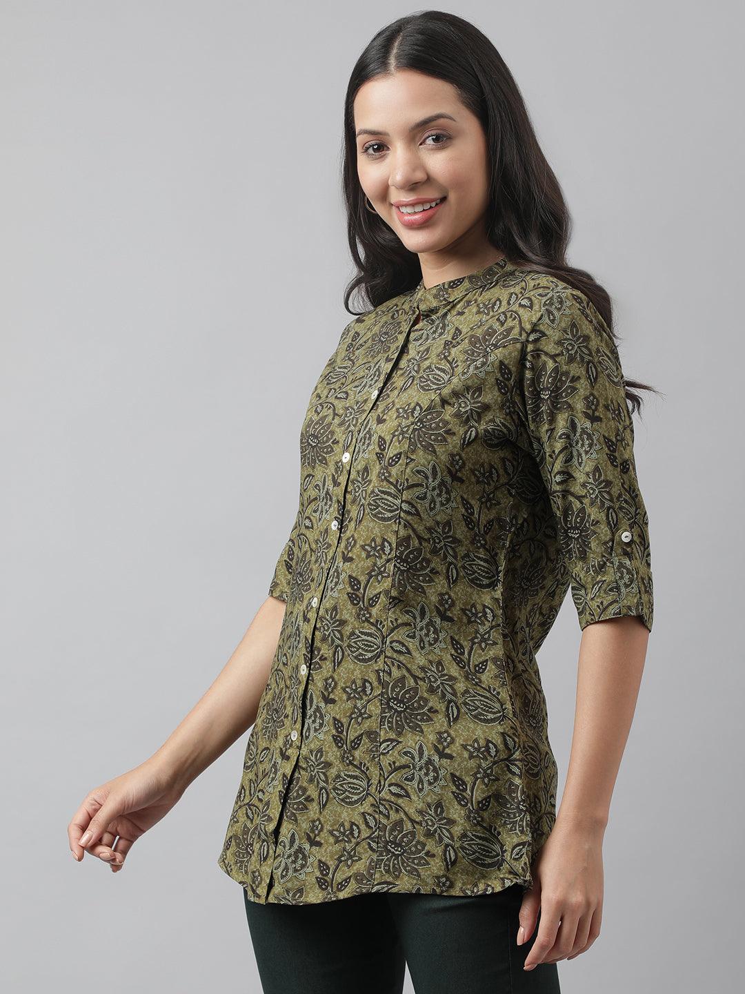 Divena Olive Green Floral Printed Rayon A-line Shirt Style Top - divena world